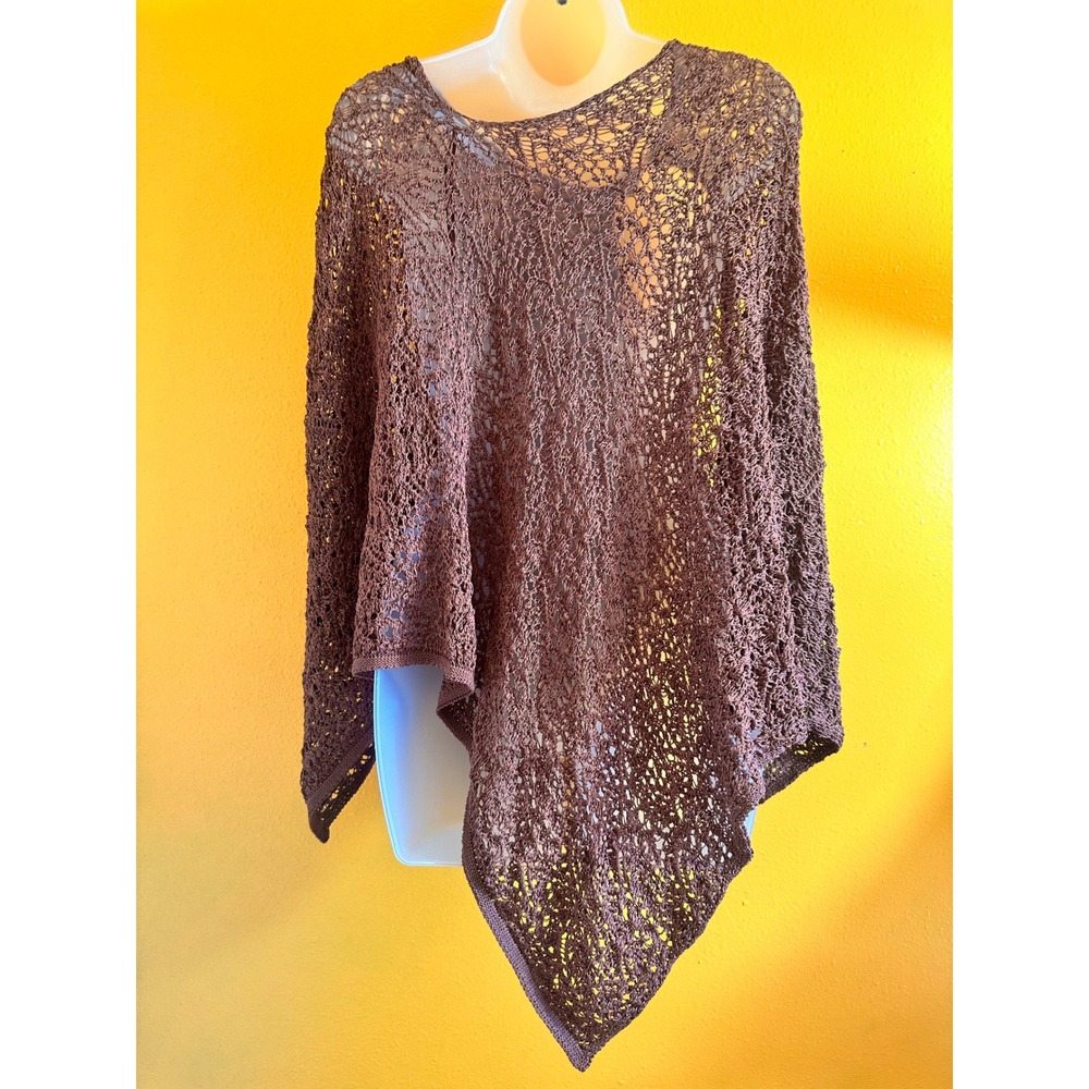 Zara Brown Open Knit Poncho Sweater Crochet Asymmetrical Shell Button Size M - Picture 2 of 8